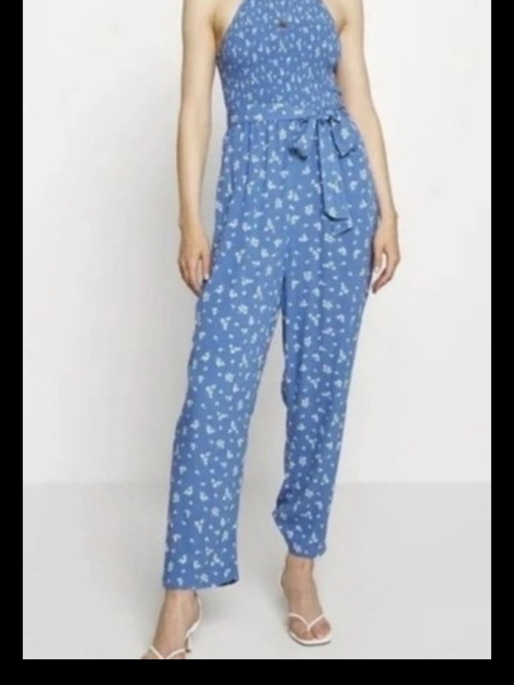 American Eagle Outfitters Blue Floral Halter Tie-Waist Jumpsuit